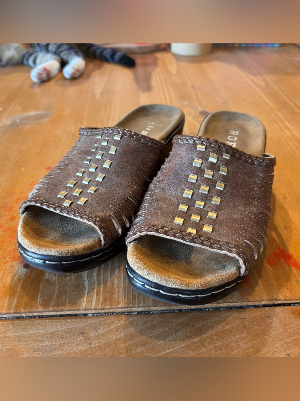 Roper womens woven leather wedge slide sandals brown 7